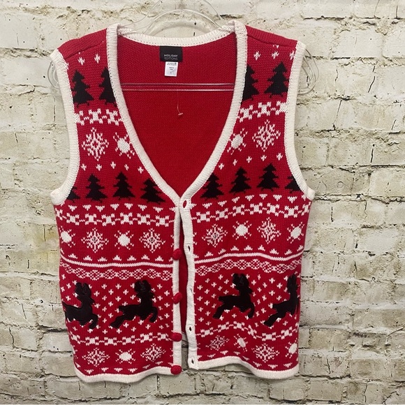 NEW Holiday Editions Red Black Knit Reindeer Christmas Cardigan - Picture 1 of 6